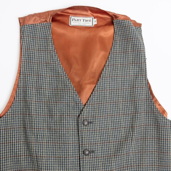 Vintage Wool Tweed Vest Brown Plaid Houndstooth Part Two Made in Portugal - Picture 3 of 14